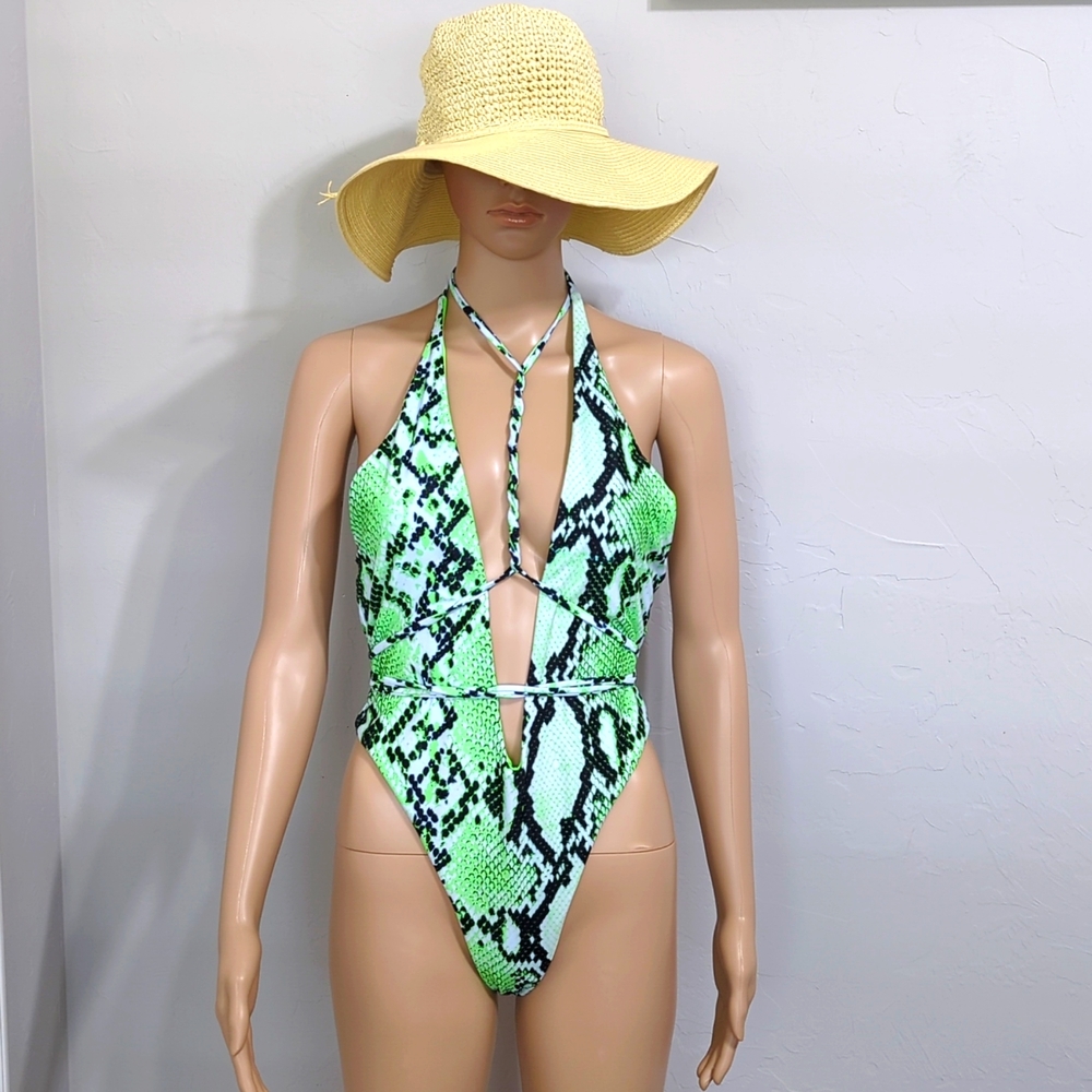 Neon Green Snake Print Sexy One Piece Swimsuit And Boho Hat